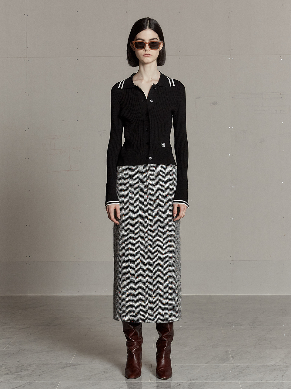SOPHIA Tweed Wool Long Skirt_Black