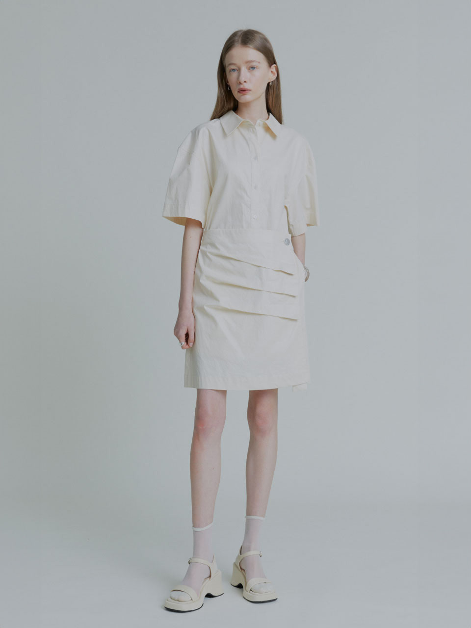 KRISTINE Coated Cotton Draped Shirt Dress - Ivory