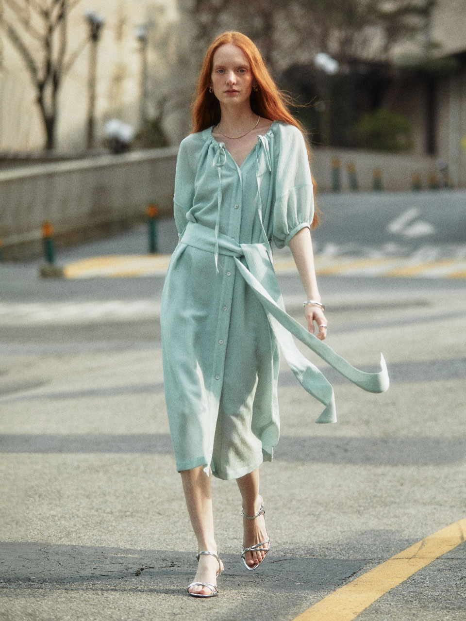 ESTHER Volume Neck String Point Pleated Dress_Mint