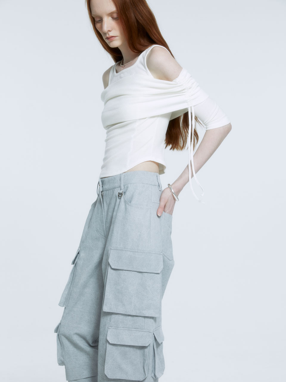 EPOQUE Draped Double-Layered Off-Shoulder Knitted Top_Off White