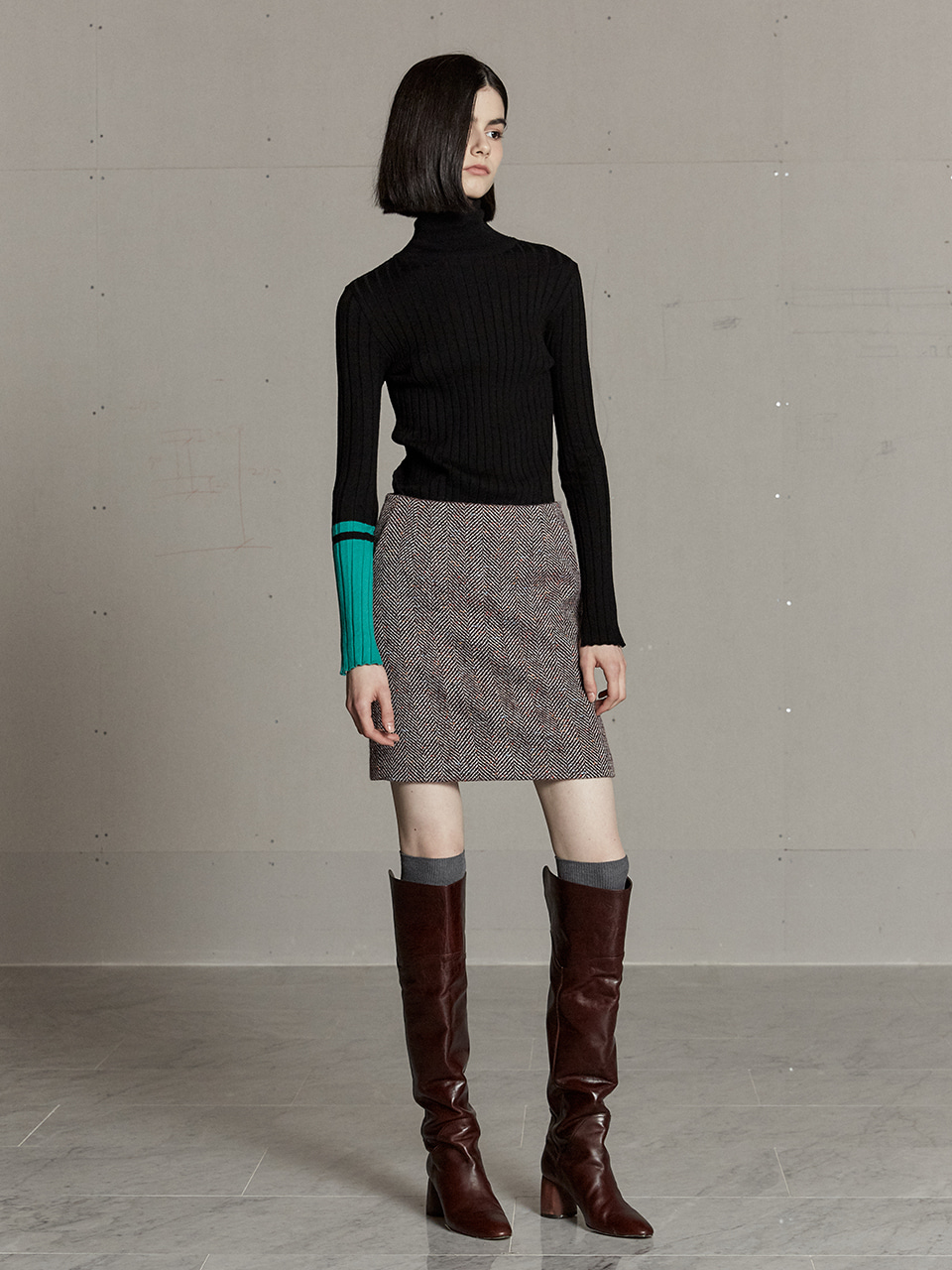 MIENNE Tweed Wool Mini Skirt_Burgundy