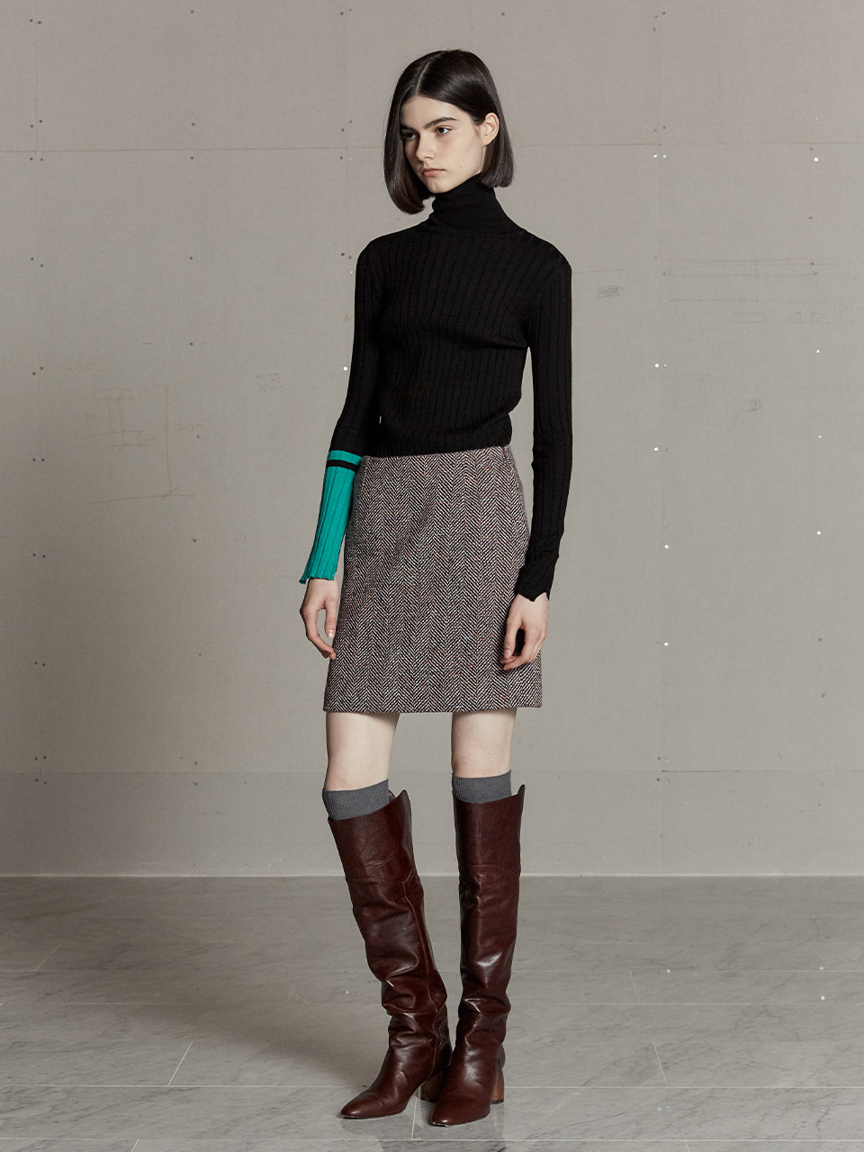 MIENNE Tweed Wool Mini Skirt_Burgundy