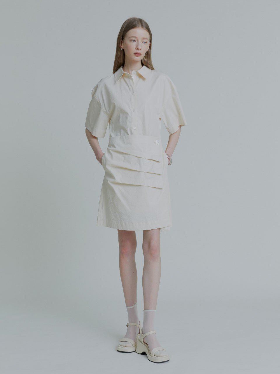 KRISTINE Coated Cotton Draped Shirt Dress - Ivory