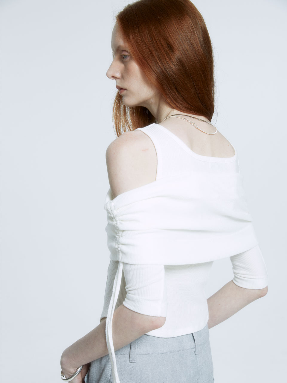 EPOQUE Draped Double-Layered Off-Shoulder Knitted Top_Off White