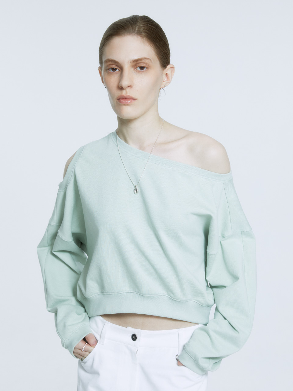 LOURMEL Unbalanced Cut-Out Off-Shoulder Sweatshirt_Mint