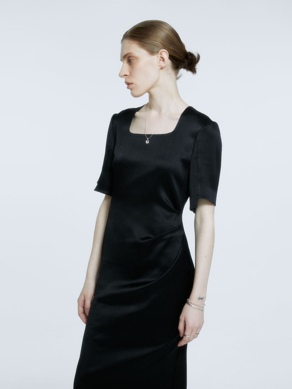 GARNIER Pleated Square-Neck Acetate Dress_Black