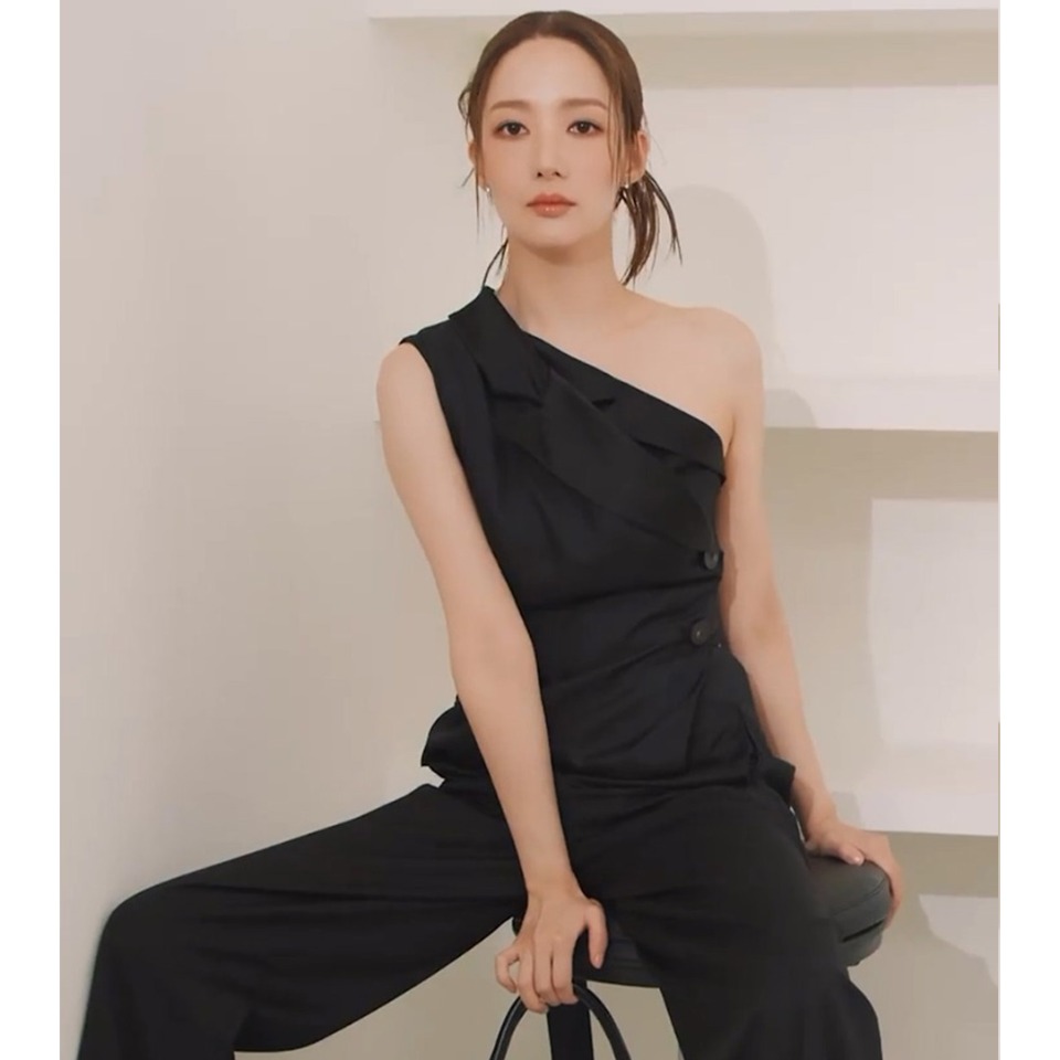 [박민영 착용]MATIERE One Shoulder Double Layered Wool Silk Jumpsuit_Black