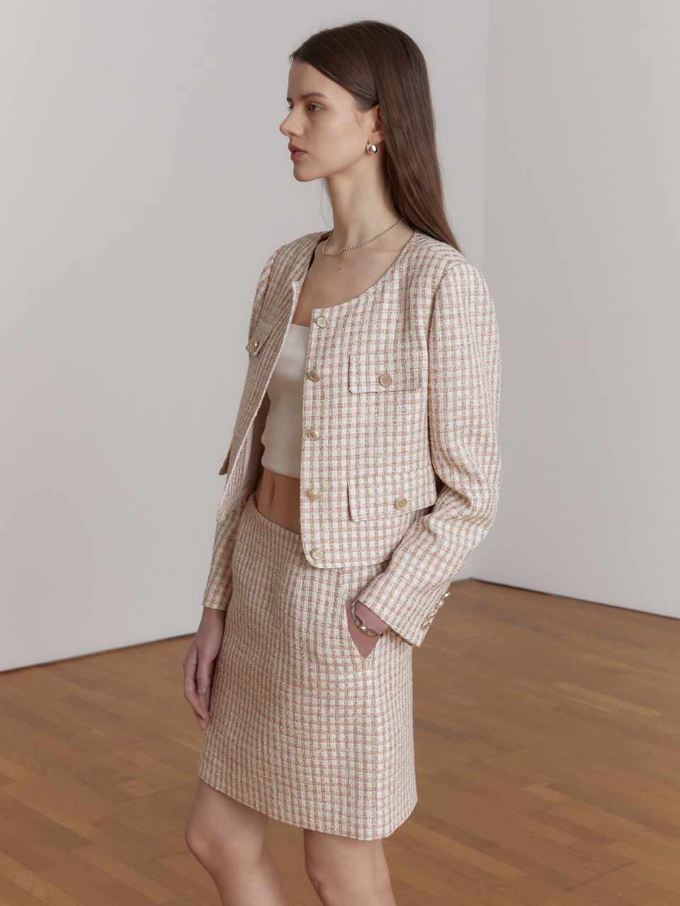 REVE Cotton Blend Tweed Mini Skirt [Japan Fabric] _Coral Tweed