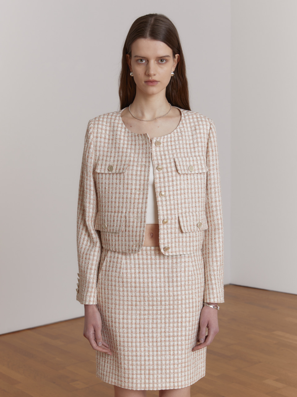 REVE Cotton Blend Tweed Mini Skirt [Japan Fabric] _Coral Tweed