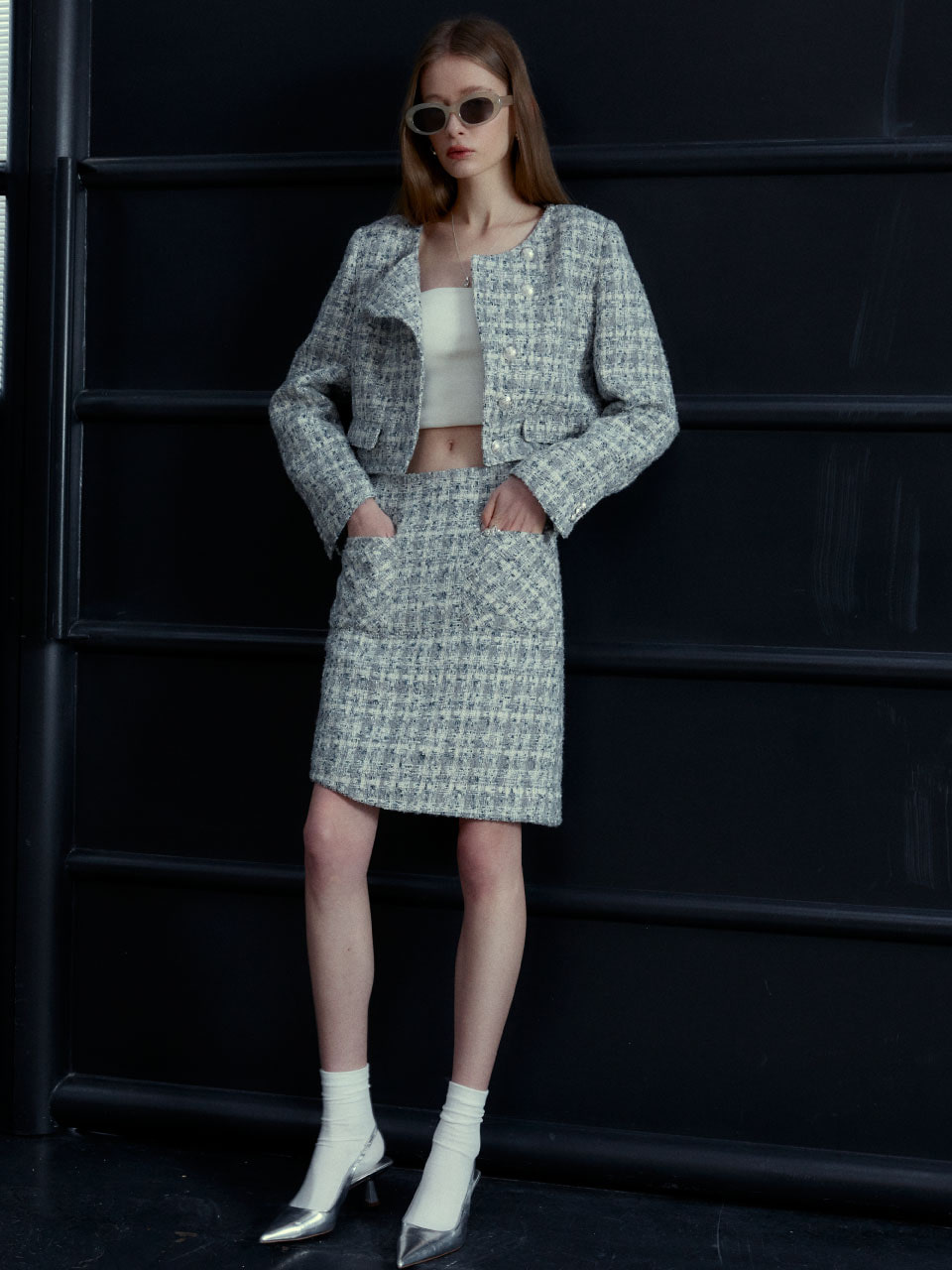 REMM Asymmetric Tweed Mini Skirt_Gray
