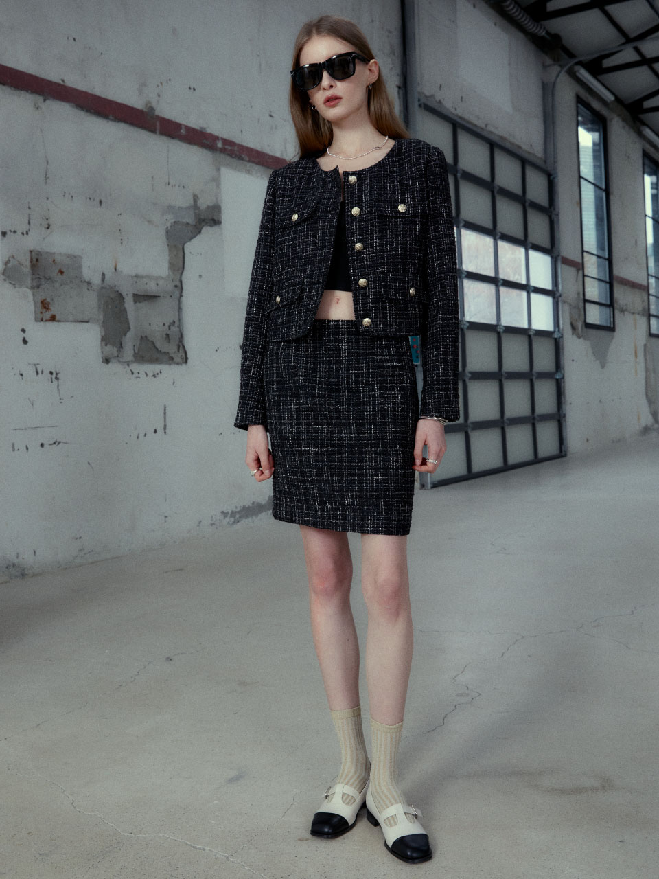 [ESSENTIEL] LUCAS Cotton Blend Tweed Mini Skirt_Black Tweed