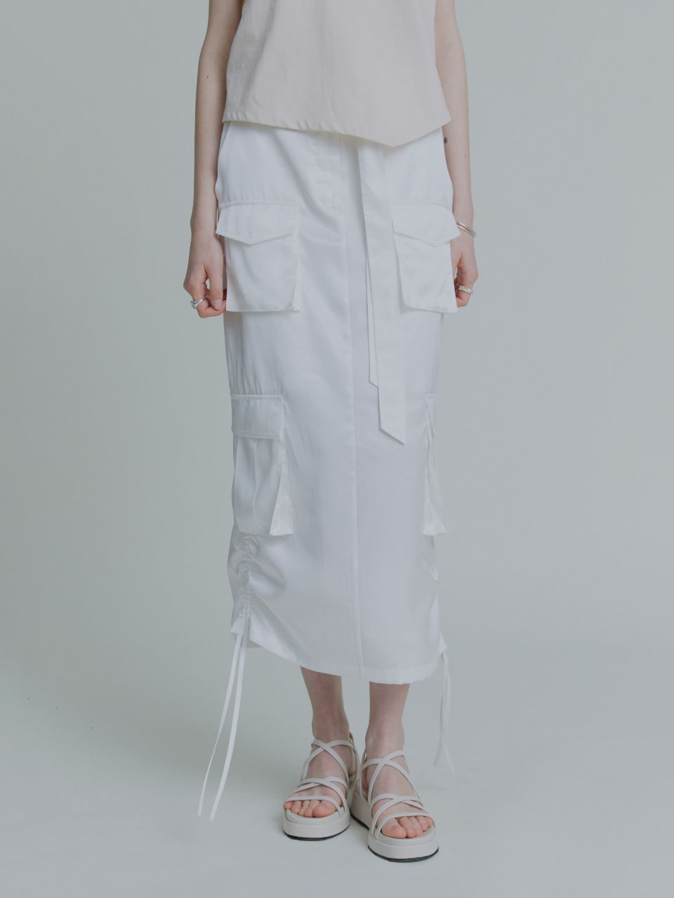 LILY Side String Belted Satin Cargo Long Skirt - White